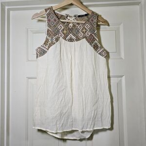 Doe & Rae Lace Up Women's Top Tank Tapestry Cream Crinkle Sleeveless Size Small